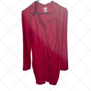 Bright Red Ruched Button-Up Bodycon Dress